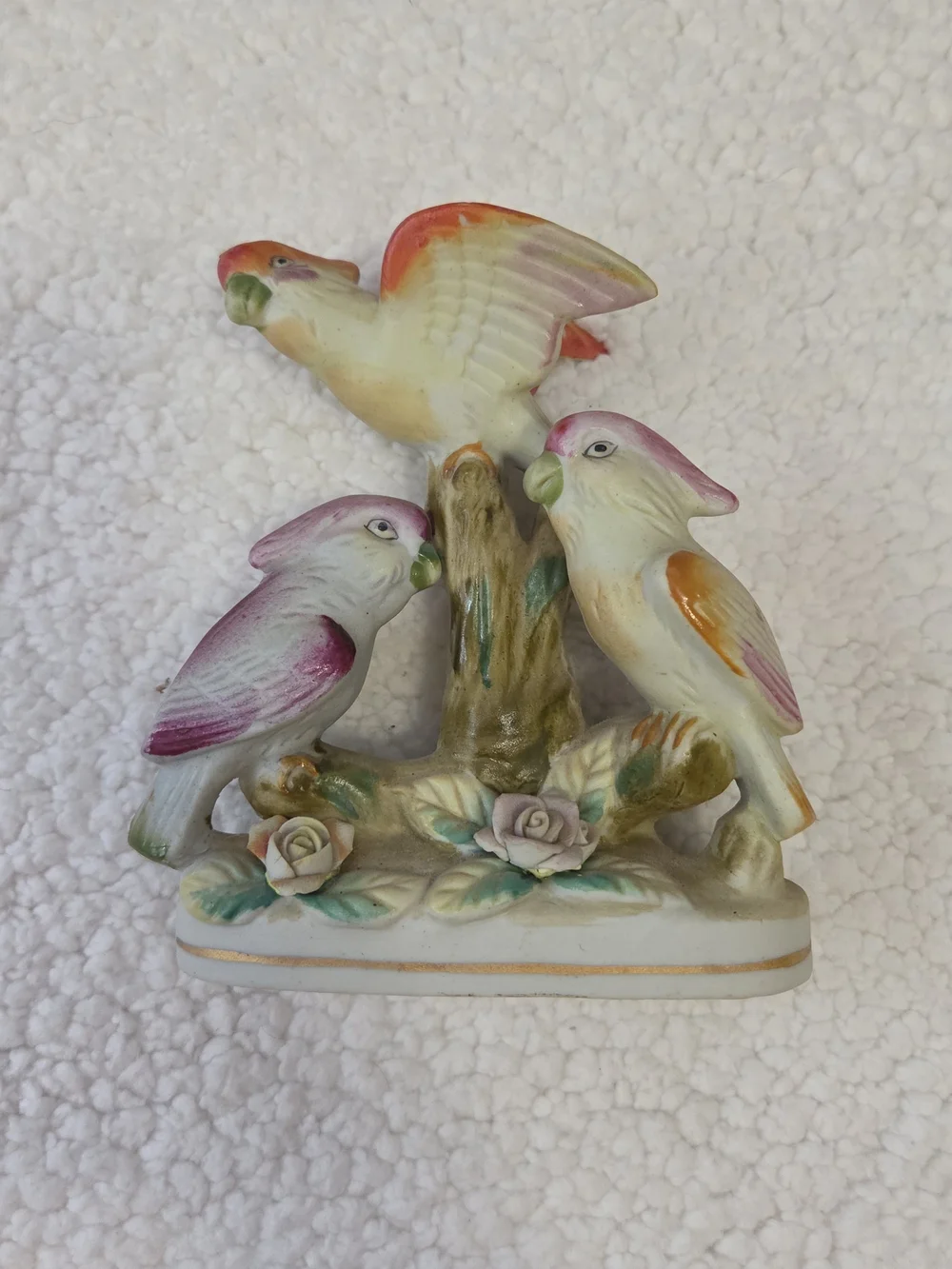 Ceramic Bird Figurine 3 Birds On A Tree Stump Japan Vintage Decor